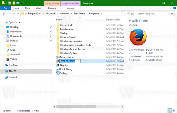 Windows 10 Start menu folder rename shortcut