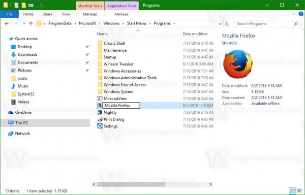Windows 10 Start menu rename shortcut add space