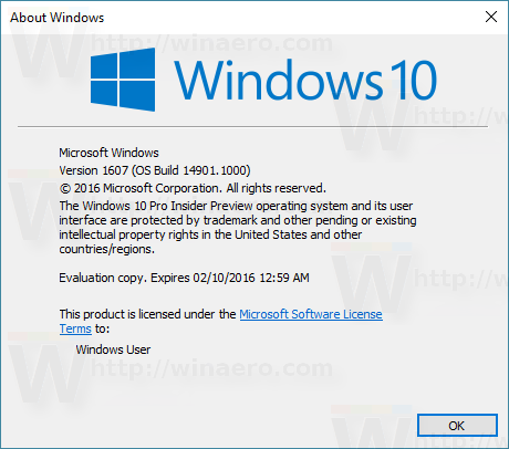 Windows 10 build 14901 winver