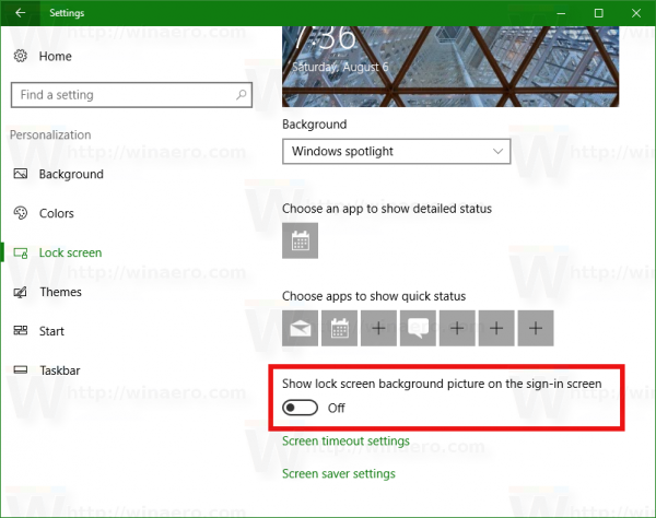 Windows 10 отключает изображение экрана блокировки на экране входа