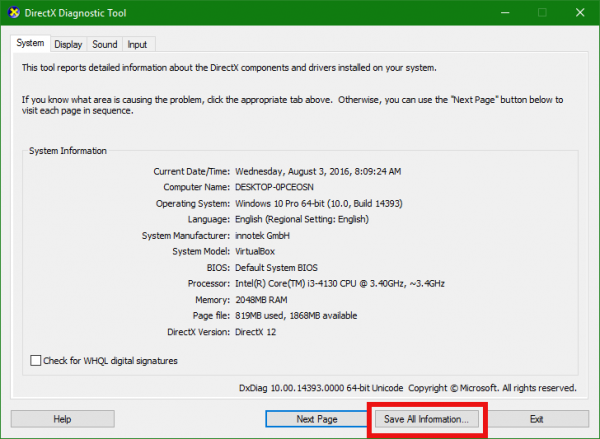 Windows 10 dxdiag кнопка сохранения всей информации