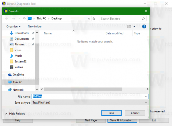 Windows 10 dxdiag сохраняет файл всей информации
