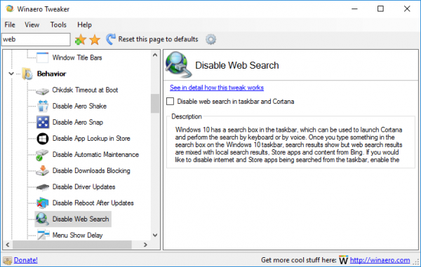 winaero tweaker disable web search