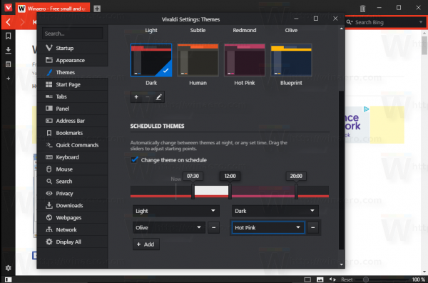 Vivaldi multiple themes schedule settings