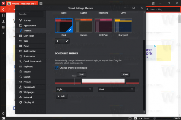 Vivaldi theme schedule settings