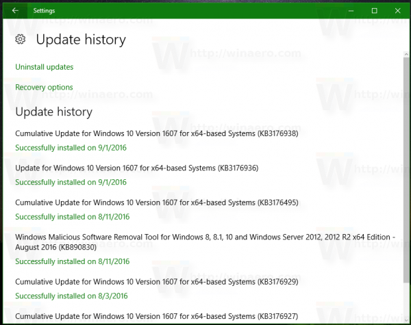 Windows 10 Update History Page in Redstone 1