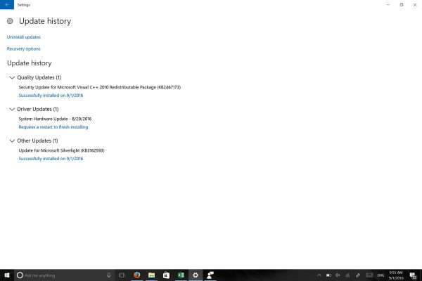 Страница истории обновлений Windows 10 в Redstone 2