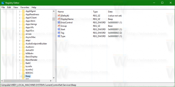 Драйвер ядра Windows 10 beep в реестре