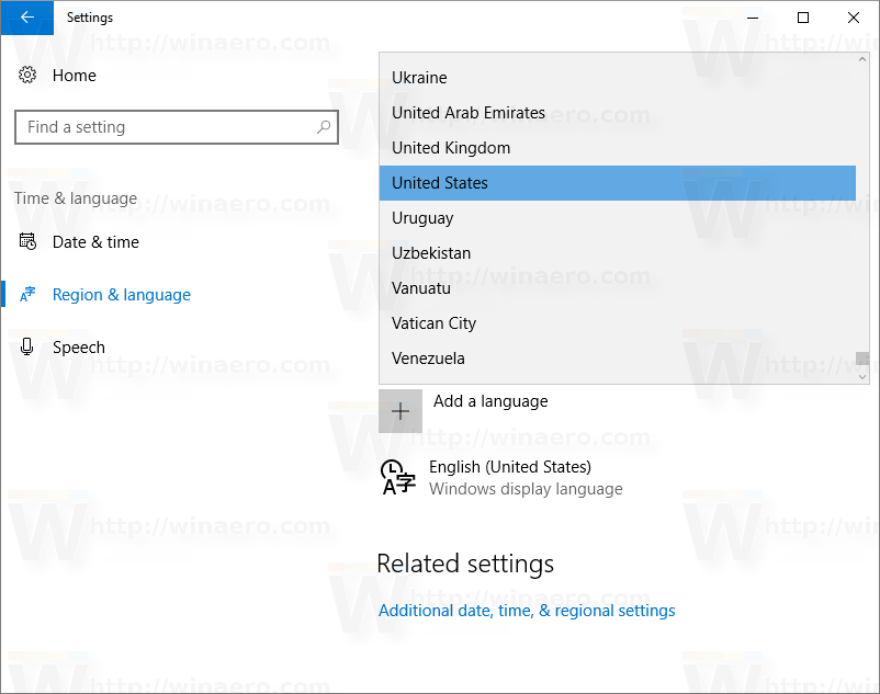 How to change Region and home location in Windows 10