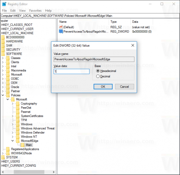 Disable the aboutflags page in Microsoft Edge