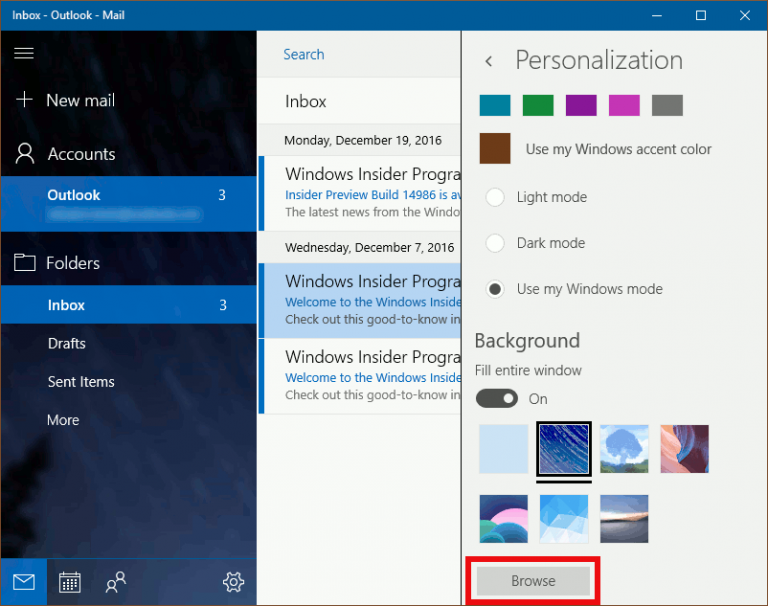 Change Mail App Background to Custom Color in Windows 10