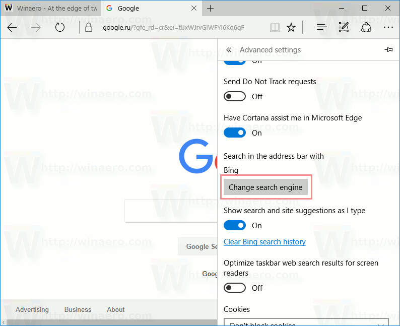 microsoft edge change search engine to google