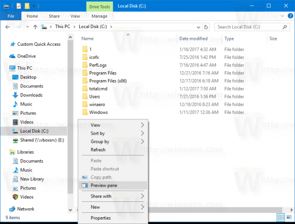 Контекстное меню панели предварительного просмотра в Windows 10