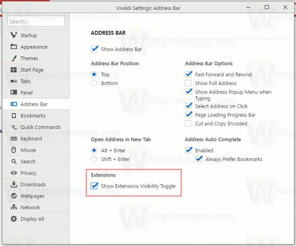 Vivaldi Show Extensions Visibility Toggle