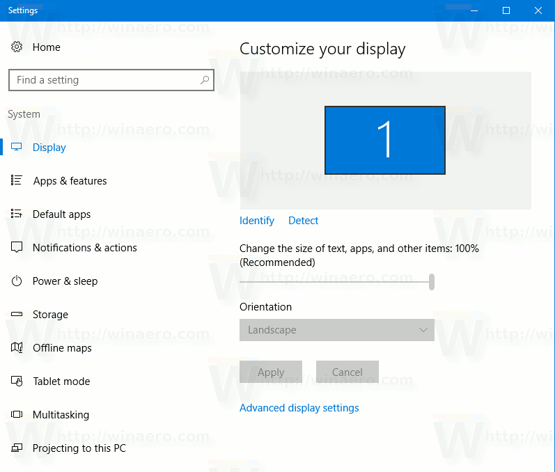 Change display settings. MS-settings: display. Displays have 2 Size in Windows.