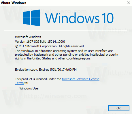 Windows 10 Build 15014 Winver