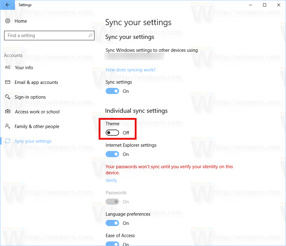 Windows 10 Отключить синхронизацию тем