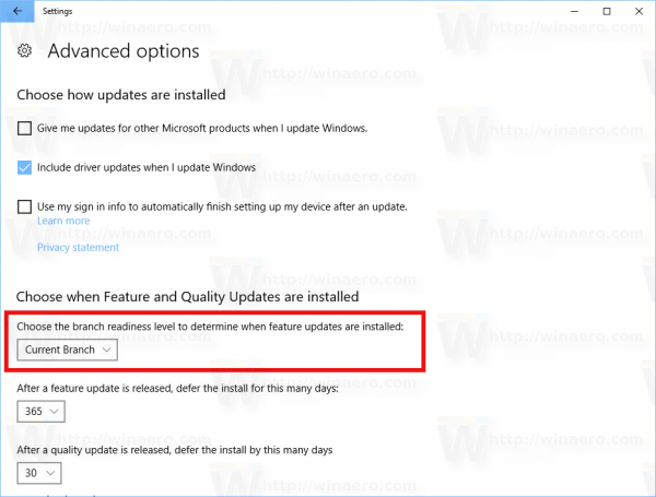 Windows 10 Select Update Branch