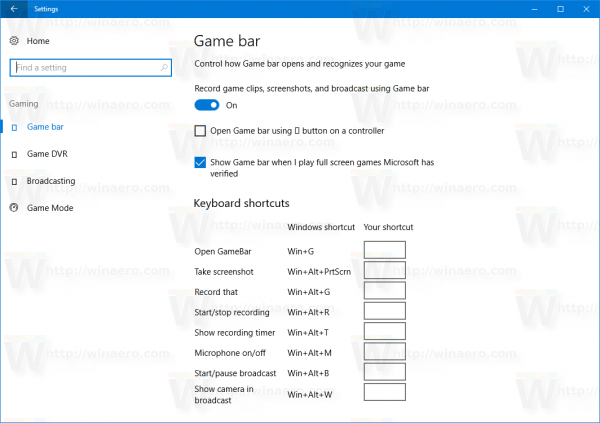 Windows 10 Settings Game Bar Options