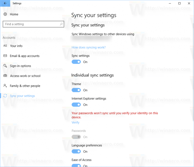 Turn On or Off Sync Settings in Windows 10