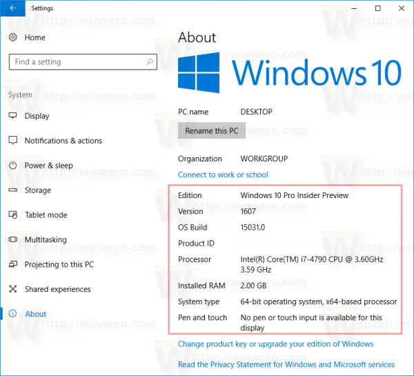 Settings System Information