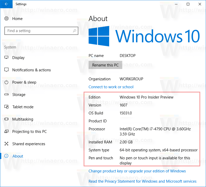 System information for windows. Windows settings.