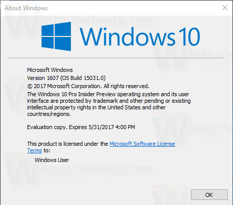 Windows 10 Build 15031 Winver