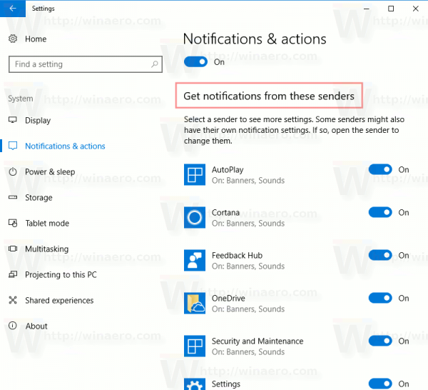 Windows 10 получает уведомления от этих отправителей