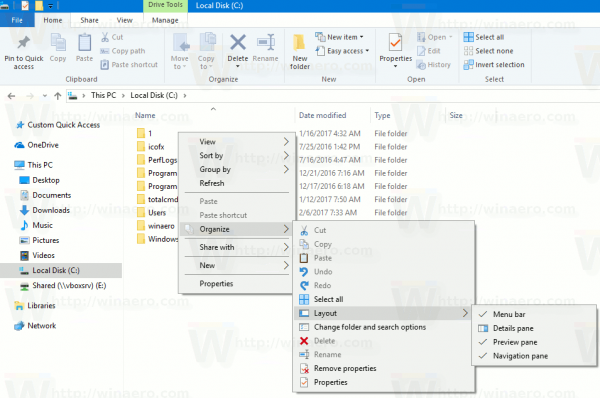 Windows 10 Organize Context Menu