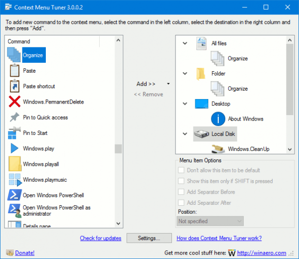 Windows 10 Organize Context Menu Tuner