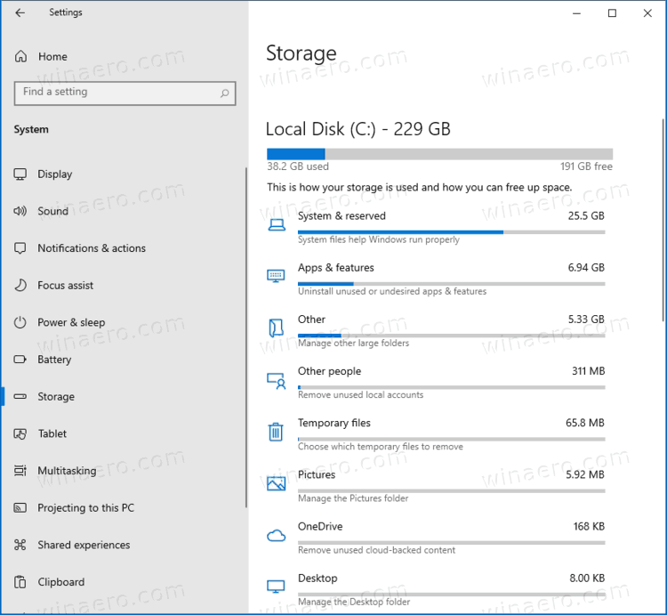 Windows 10 Storage Sense Details