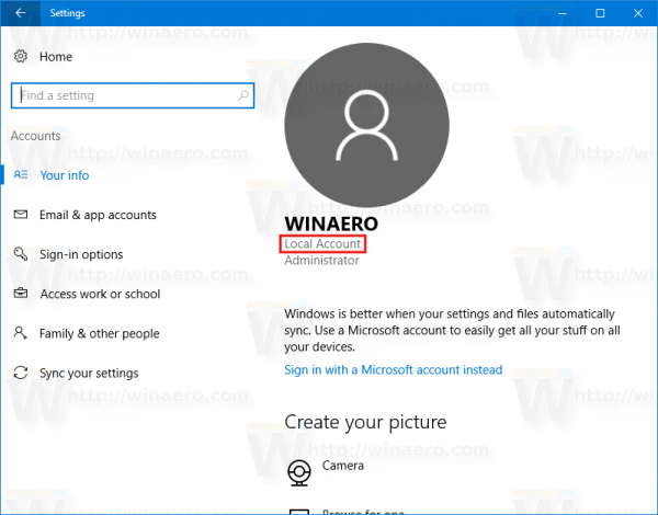 Find If You Use Local Account or Microsoft Account in Windows 10