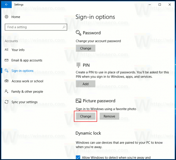 Изменение пароля изображения Windows 10