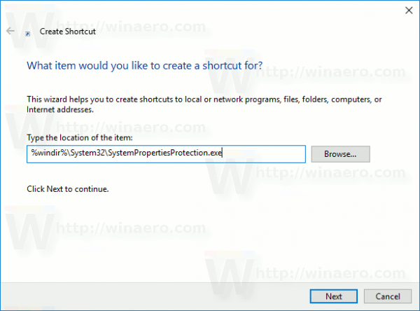 Создать ярлык защиты системы в Windows 10