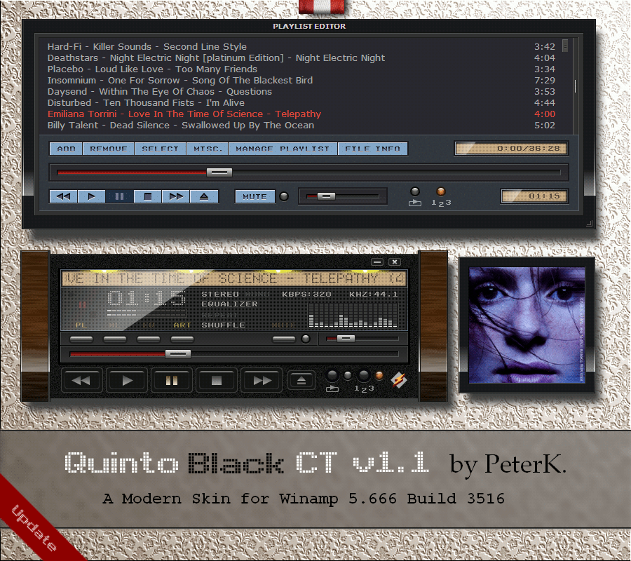 Quinto Black CT 1.1 is out – a nice modern skin for Winamp