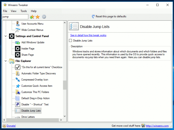 Winaero Tweaker Disable Jump Lists