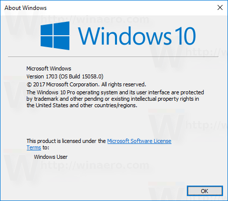 Windows 10 Build 15058 Winver