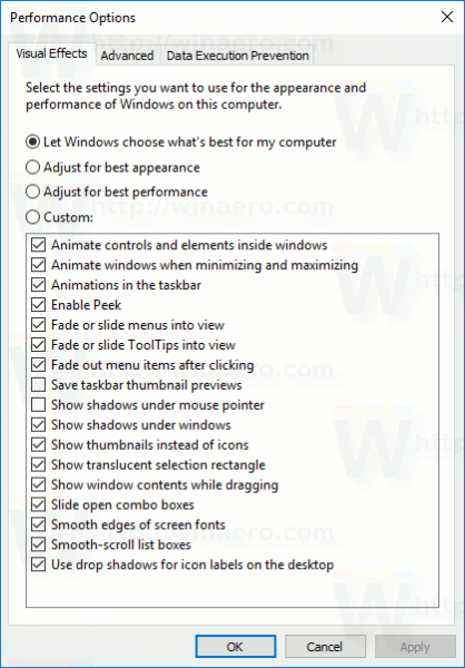 Windows 10 Performance Options Dialog