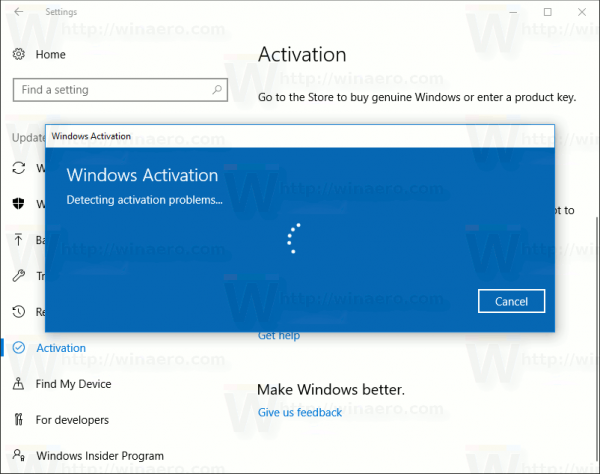 Windows 10 Activation Troubleshooter Started