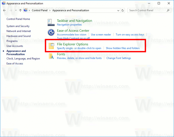 Windows 10 Control Panel Explorer Options