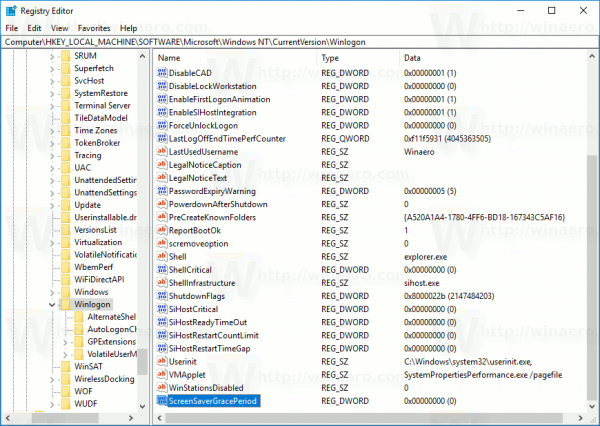 Windows 10 Winlogon Key ScreenSaverGracePeriod Dword