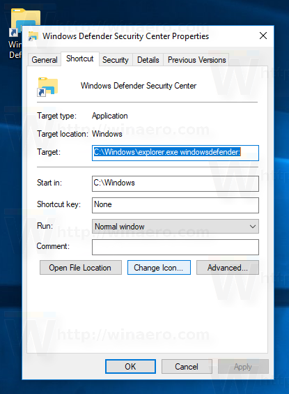 Windows Defender Security Center Shortcut Change Icon Button