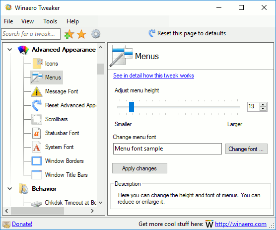 Изменить размер текста меню в Windows 10 Creators Update