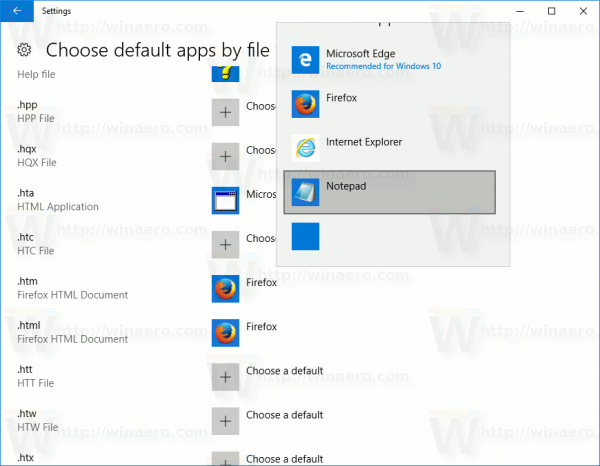 Choose Default Apps By File Type Page