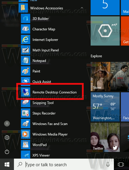 Enable RDP Start Menu Windows 10