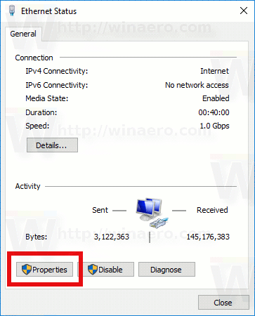 Network Connection Status Window Properties Button