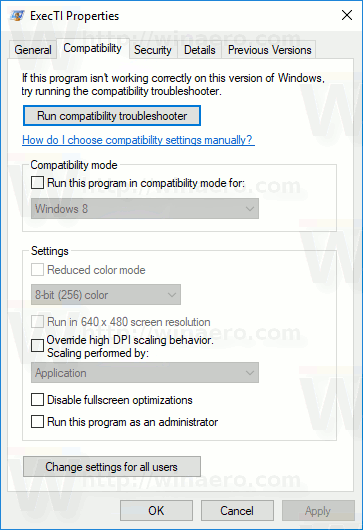 Change Compatibility Mode Settings for Apps in Windows 10