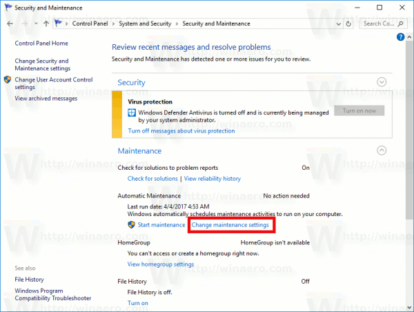 Ссылка на изменение настроек обслуживания Windows 10
