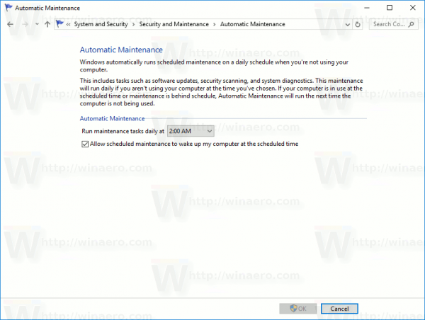 Страница изменения настроек обслуживания Windows 10