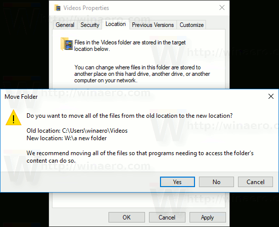 Папка перемещения видео в Windows 10
